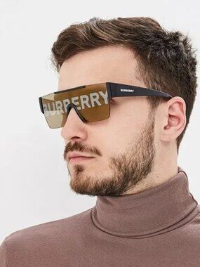 NWT BURBERRY SUNGLASSES BLACK GOLD SHIELD MEN EYEWEAR BURBERRY